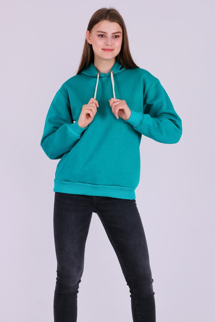 Yeşil Basic Oversize Kadın Kapüşonlu Hoodie 3 iplik Sweatshirt