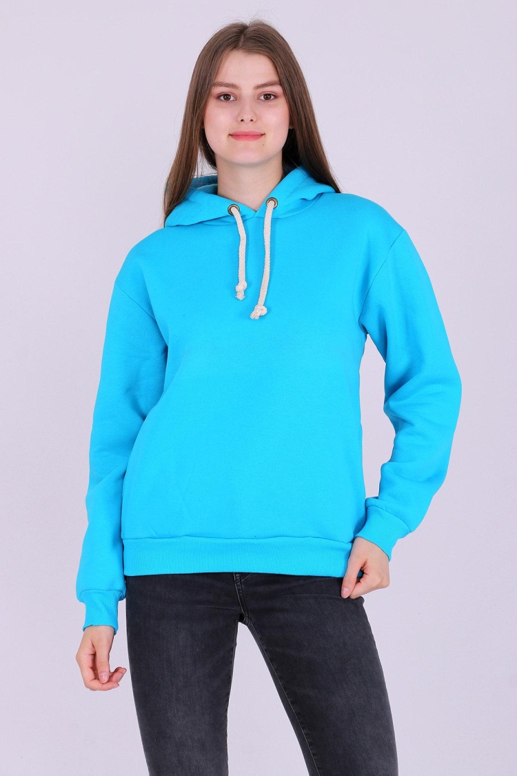 Turkuaz Basic Oversize Kadın Kapüşonlu Hoodie 3 iplik Sweatshirt