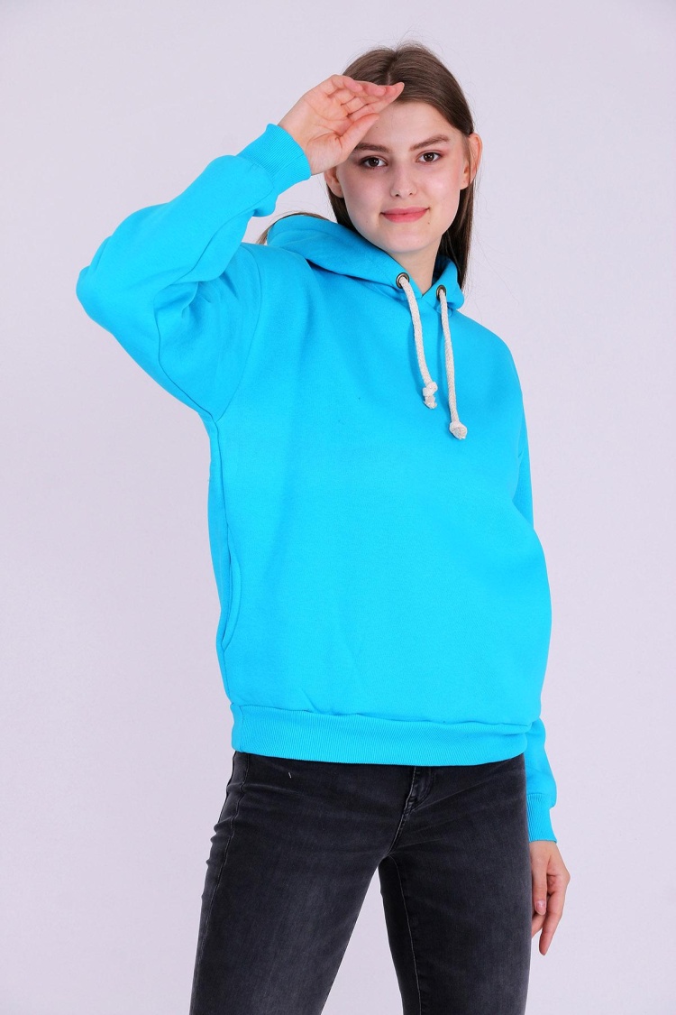 Turkuaz Basic Oversize Kadın Kapüşonlu Hoodie 3 iplik Sweatshirt