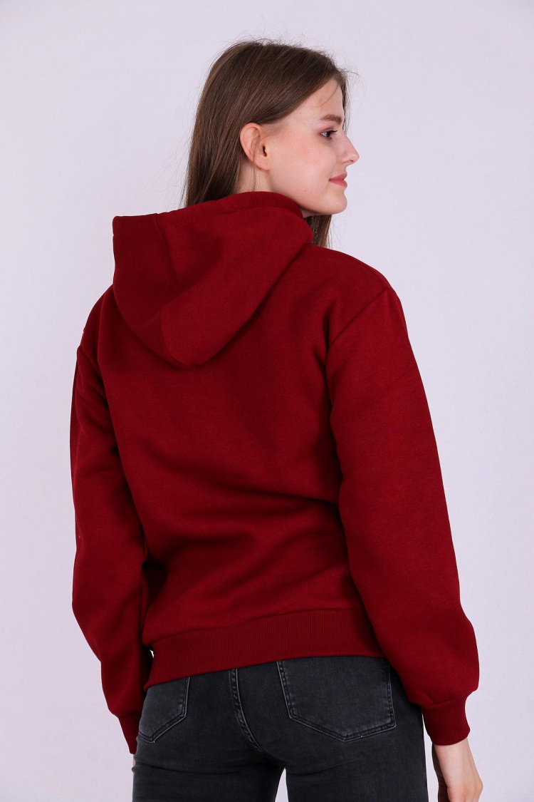 Bordo Basic Oversize Kadın Kapüşonlu Hoodie 3 iplik Sweatshirt