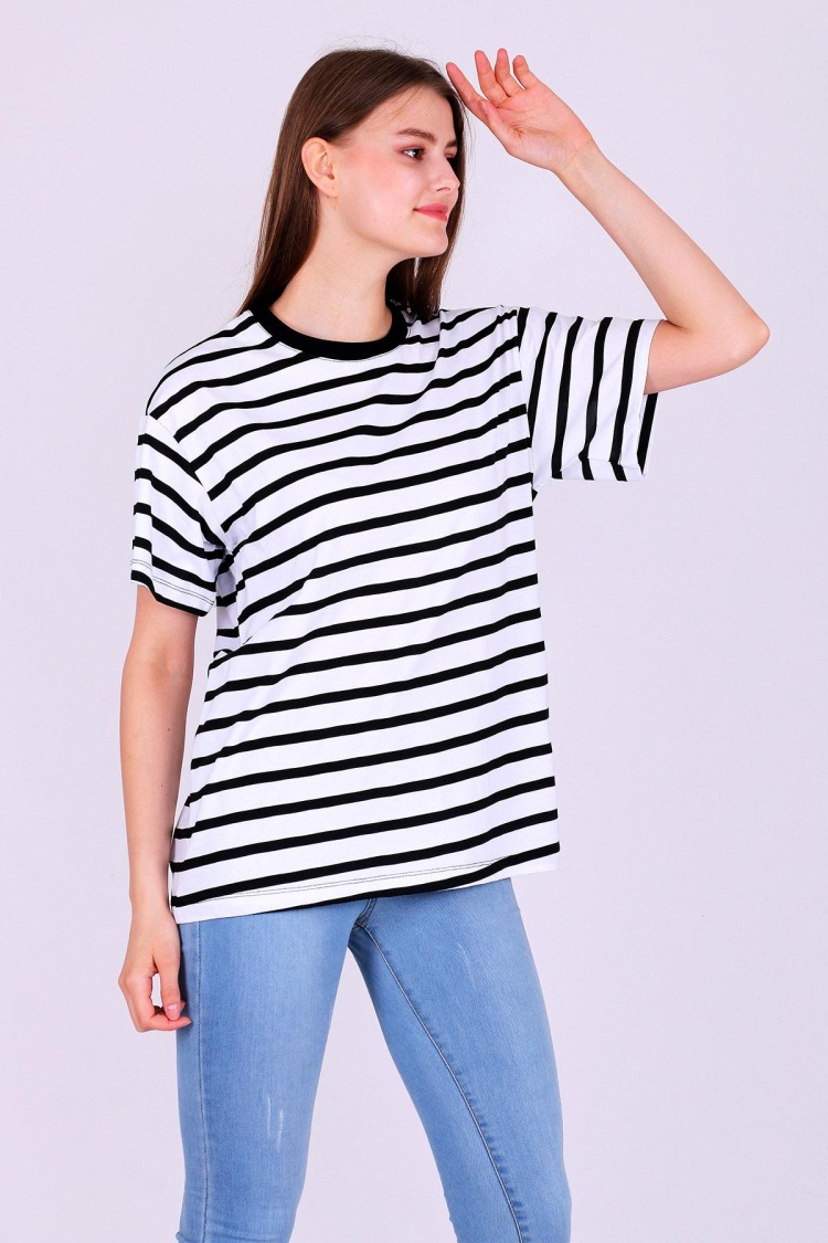 Kalın Çizgili Kadın Oversize Çizgili Basic Tshirt