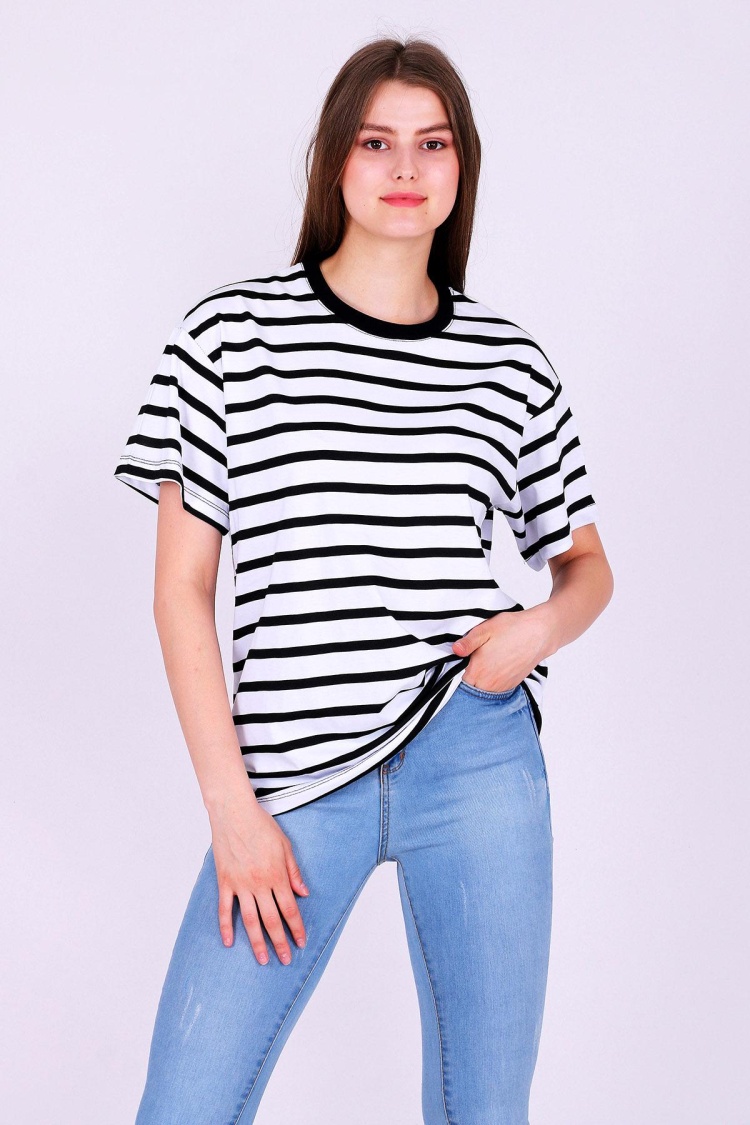 Kalın Çizgili Kadın Oversize Çizgili Basic Tshirt