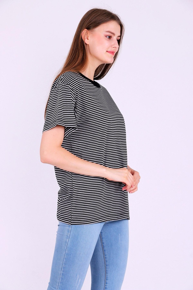 Siyah Gri Çizgili Kadın Oversize Çizgili Basic Tshirt