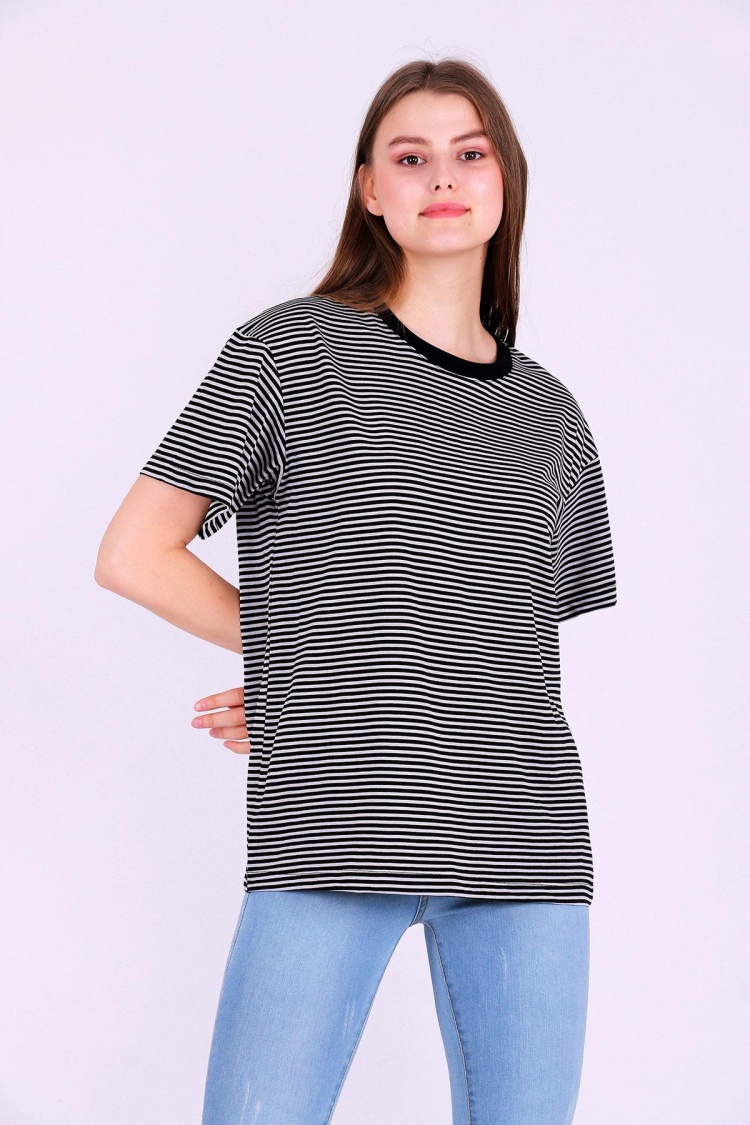 Siyah Gri Çizgili Kadın Oversize Çizgili Basic Tshirt