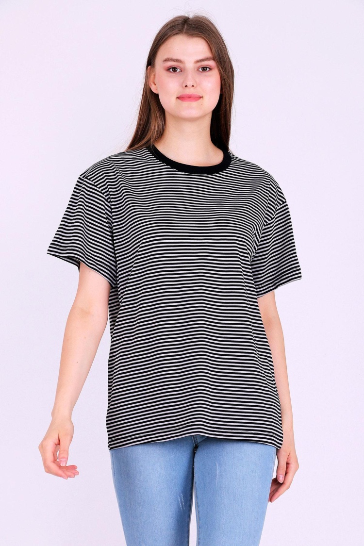 Siyah Gri Çizgili Kadın Oversize Çizgili Basic Tshirt