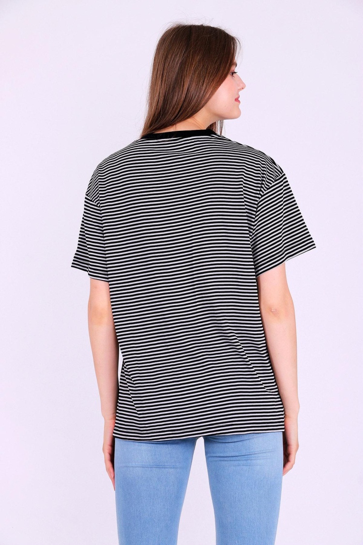 Siyah Gri Çizgili Kadın Oversize Çizgili Basic Tshirt