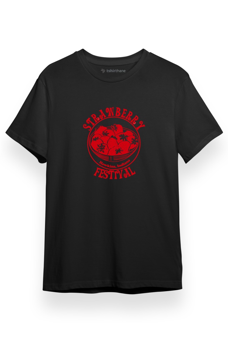 Stranger Things Strawberry Festival Siyah Kısa kol Erkek Tshirt