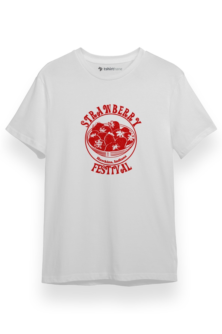 Stranger Things Strawberry Festival Beyaz Kısa kol Erkek Tshirt