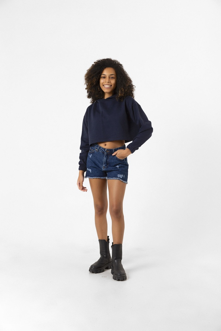 Basic Lacivert Kapüşonlu Crop Sweatshirt