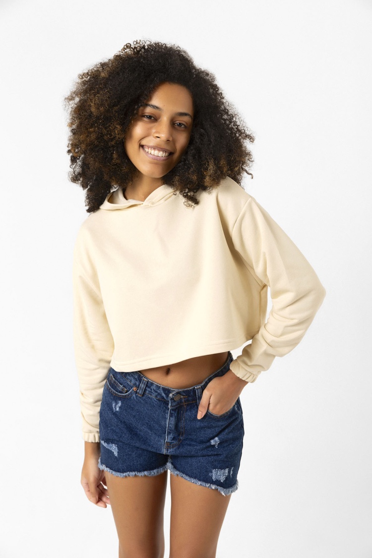 Basic Bej Kapüşonlu Crop Sweatshirt