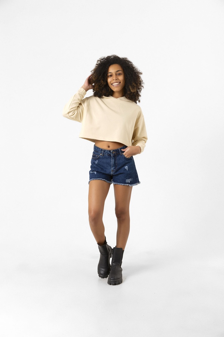 Basic Bej Kapüşonlu Crop Sweatshirt