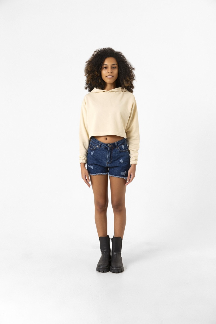 Basic Bej Kapüşonlu Crop Sweatshirt