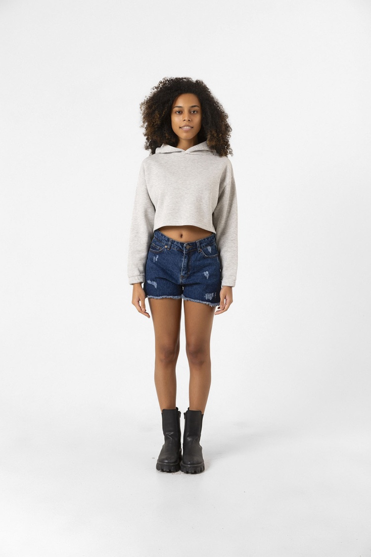 Basic Gri Kapüşonlu Crop Sweatshirt