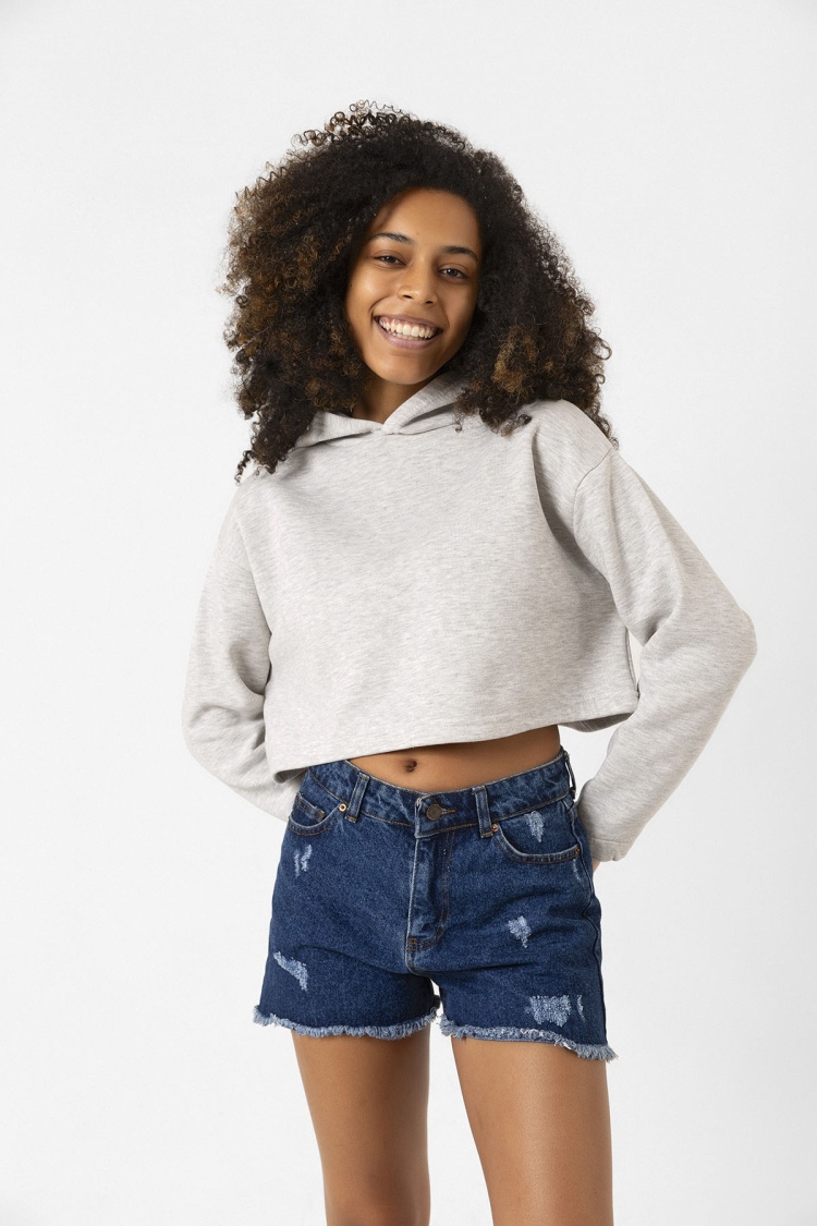 Basic Gri Kapüşonlu Crop Sweatshirt