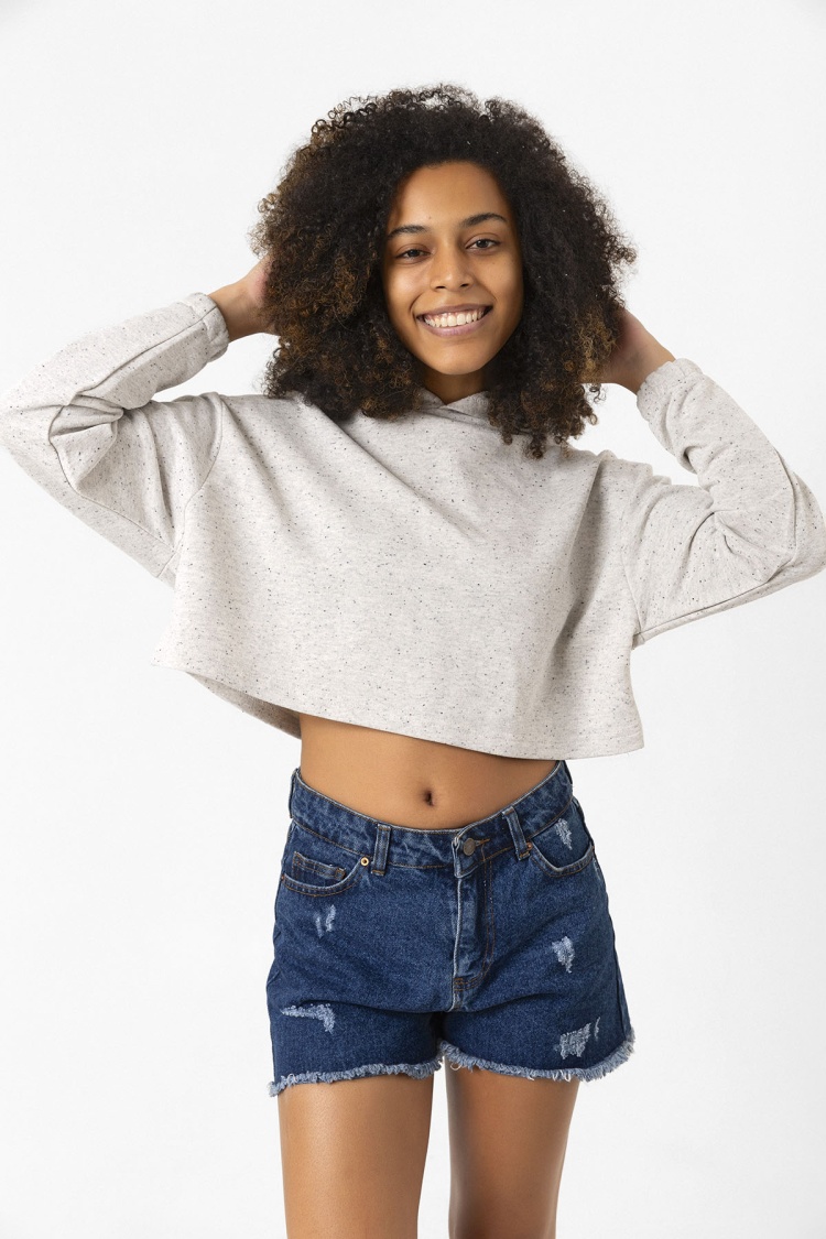 Basic Kırçıllı Gri Kapüşonlu Crop Sweatshirt