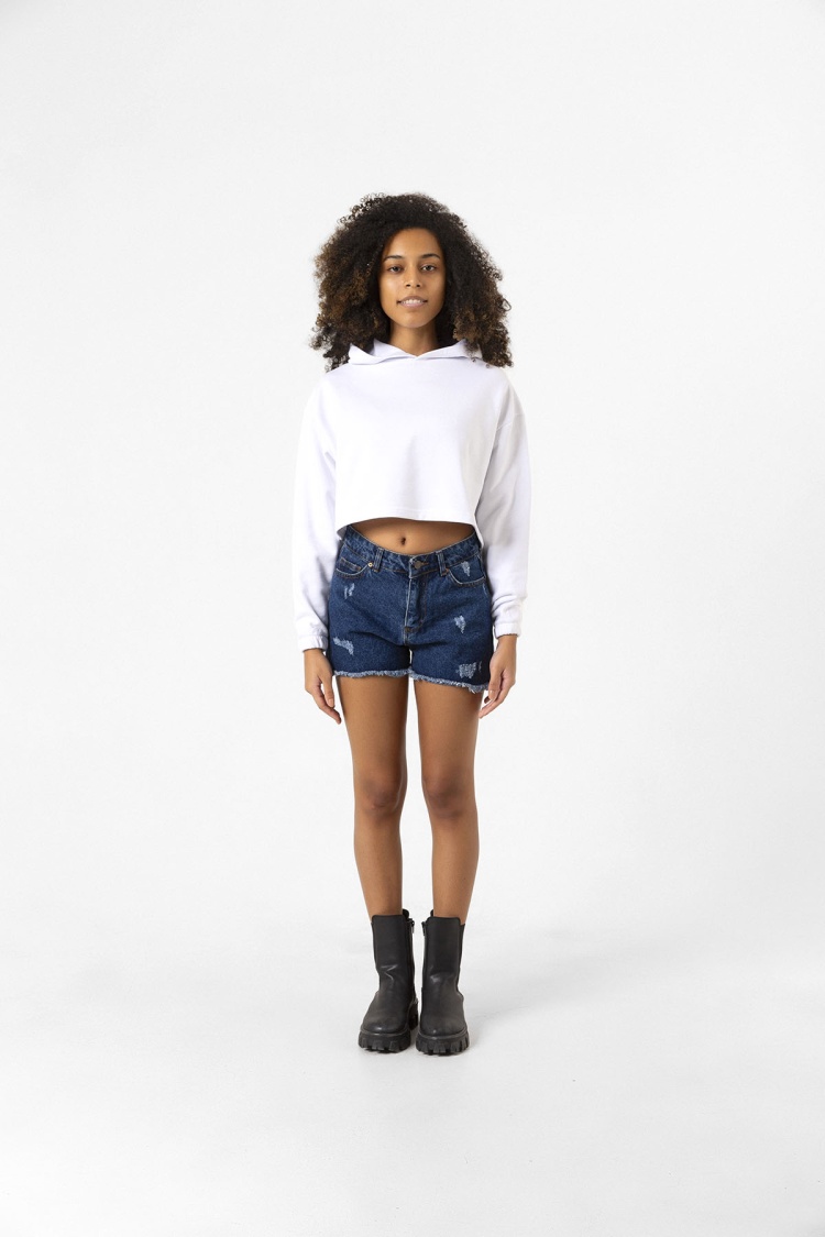 Basic Optik Beyaz Kapüşonlu Crop Sweatshirt