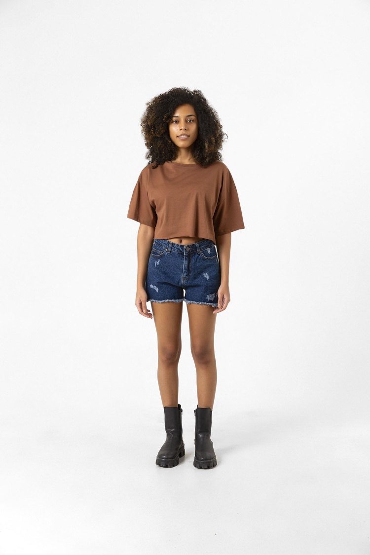 Basic Kahverengi Oversize Crop Tshirt