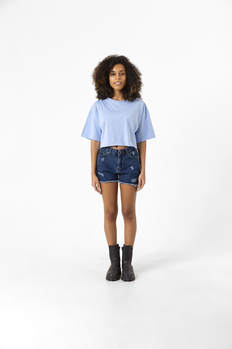 Basic Açık Mavi Oversize Crop Tshirt