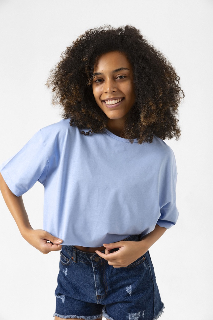 Basic Açık Mavi Oversize Crop Tshirt