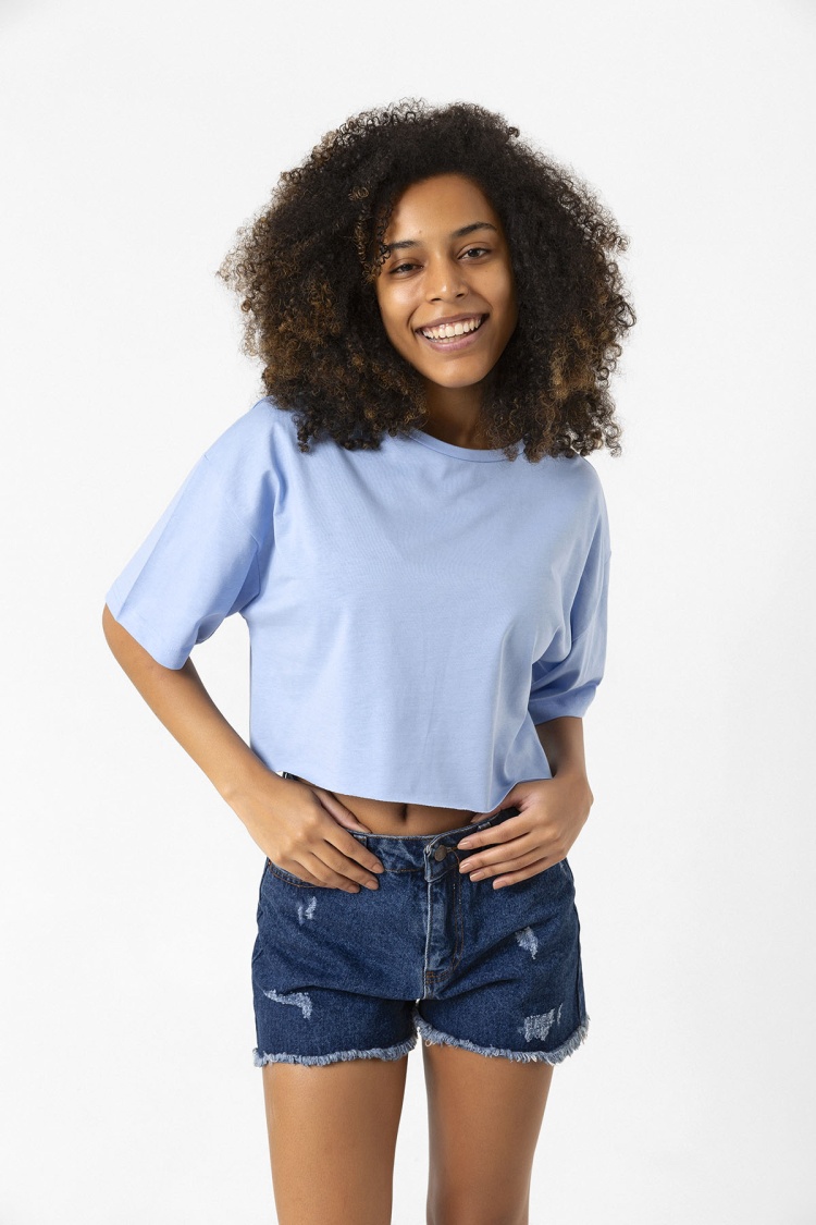 Basic Açık Mavi Oversize Crop Tshirt