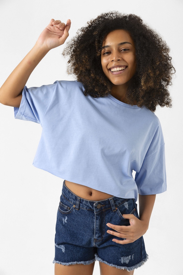 Basic Açık Mavi Oversize Crop Tshirt