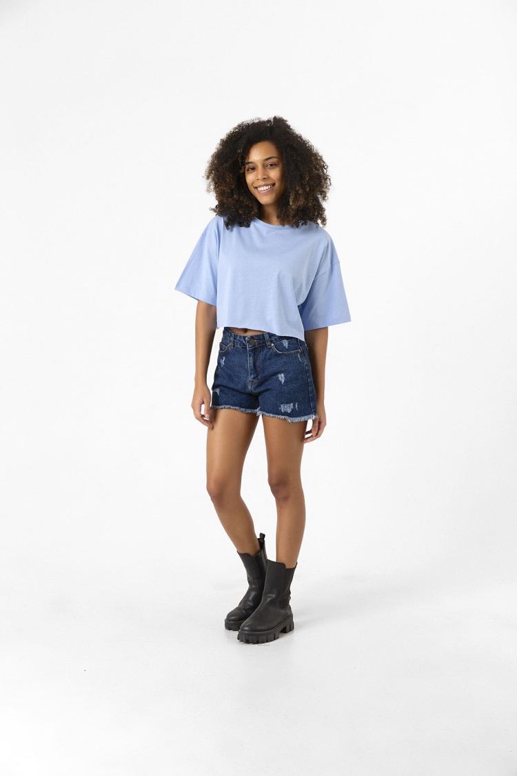 Basic Açık Mavi Oversize Crop Tshirt