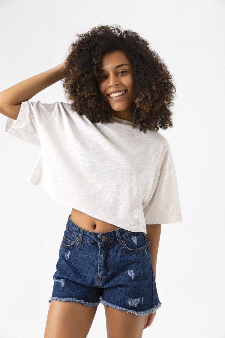 Basic Kırçıllı Beyaz Oversize Crop Tshirt