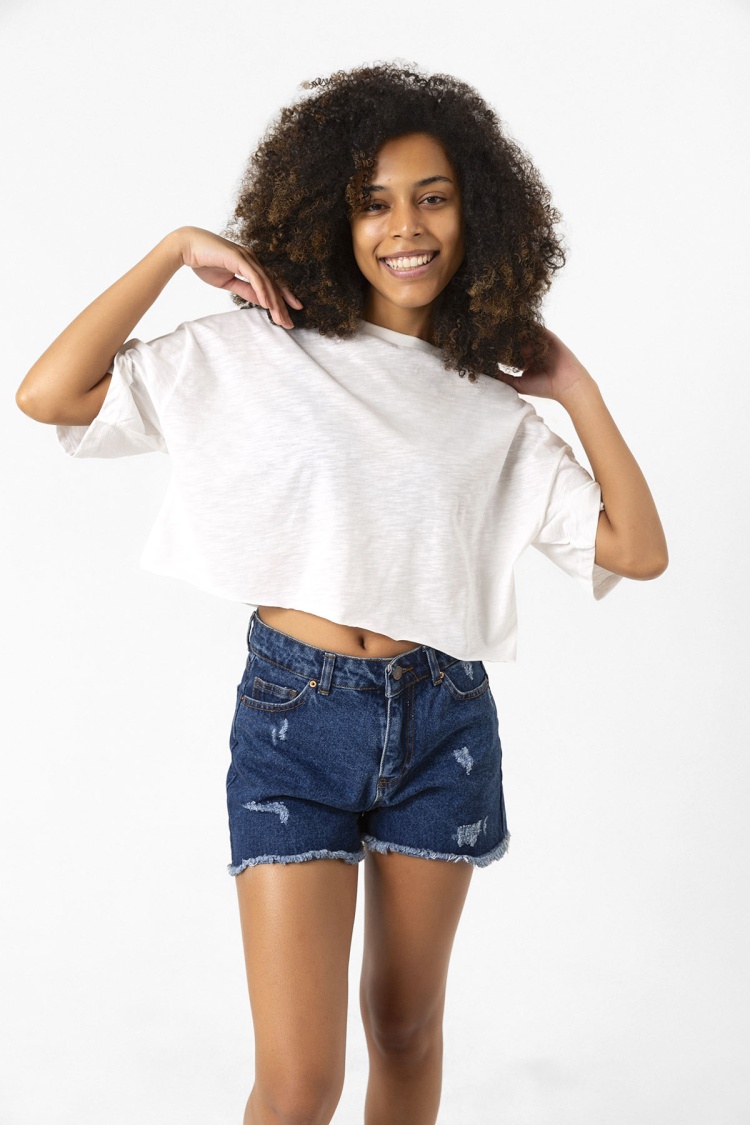 Basic Kırçıllı Beyaz Oversize Crop Tshirt