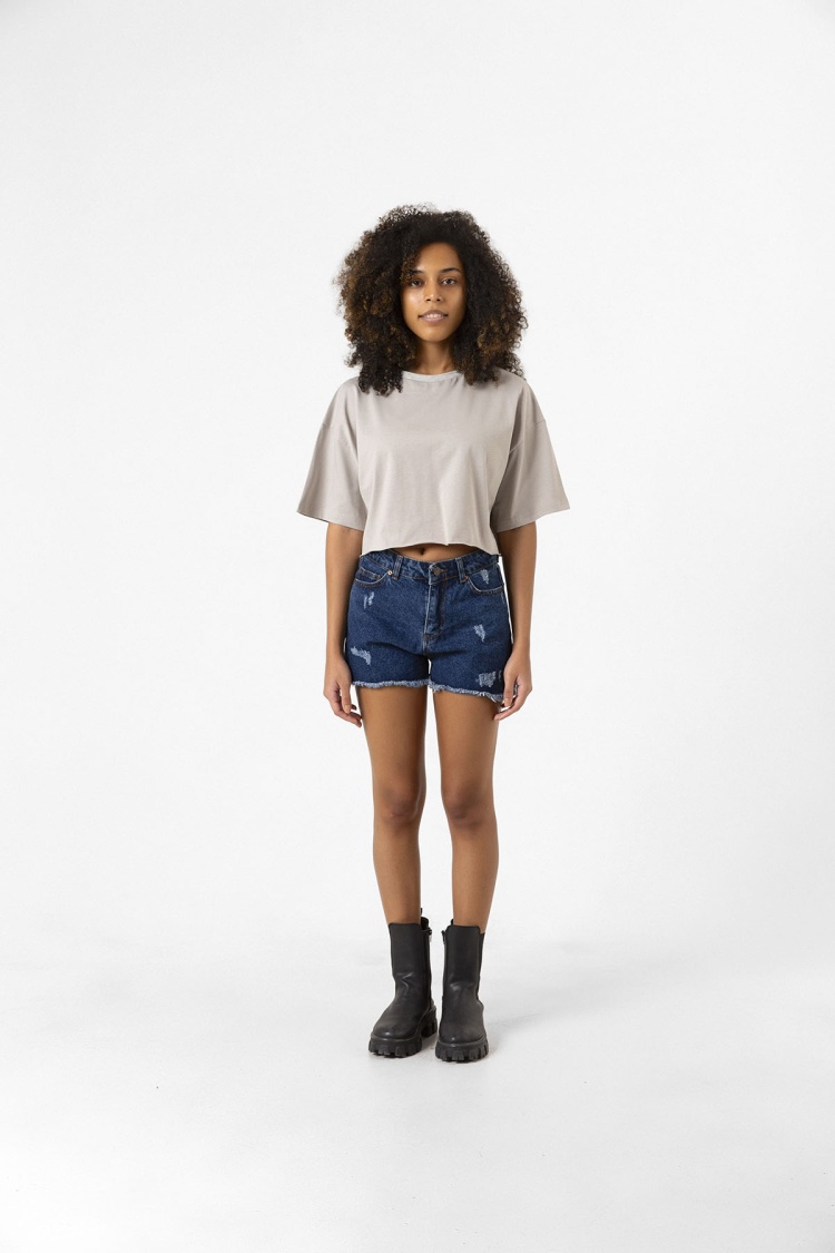 Basic Taş Rengi Oversize Crop Tshirt