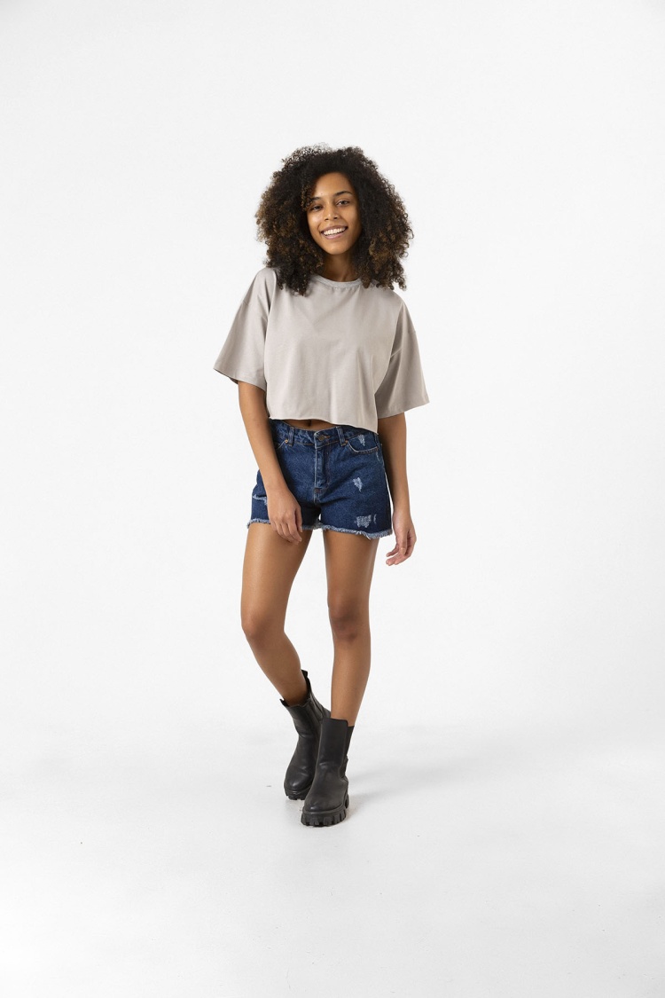 Basic Taş Rengi Oversize Crop Tshirt