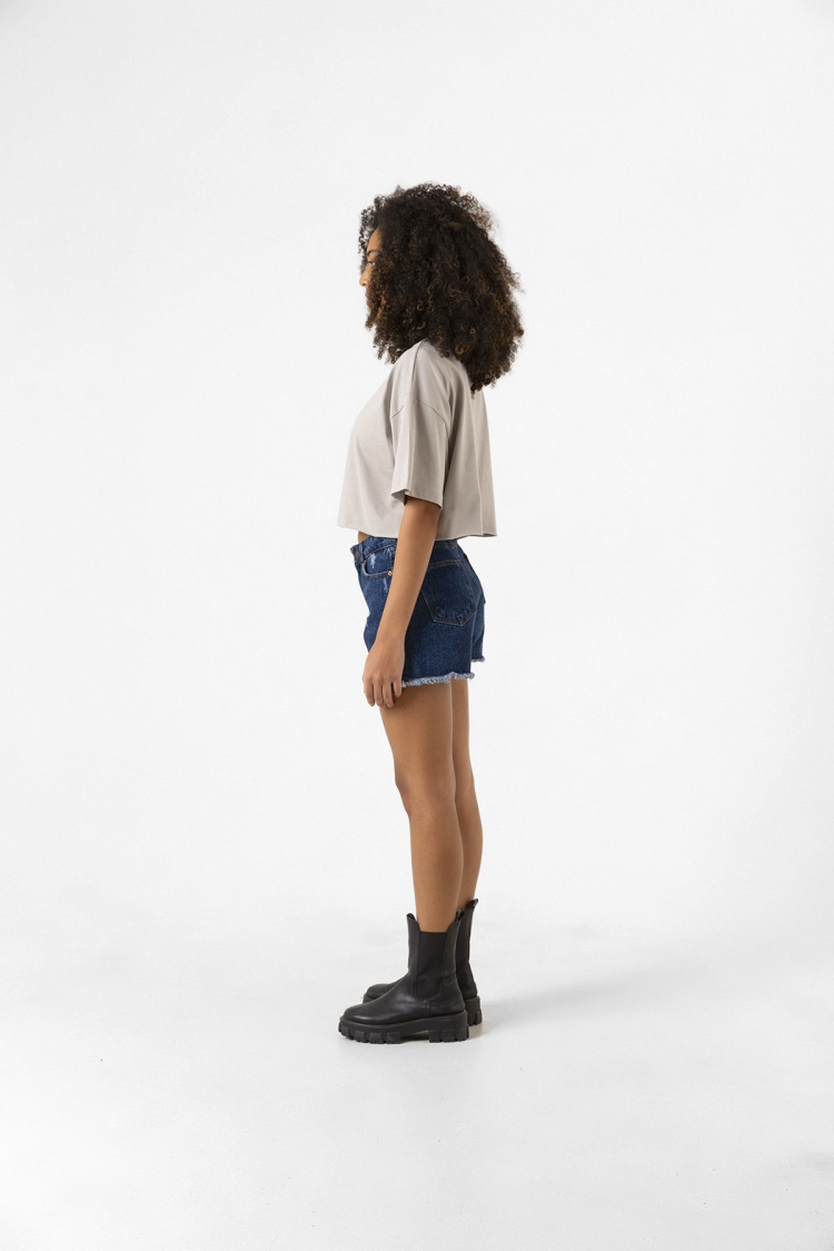 Basic Taş Rengi Oversize Crop Tshirt