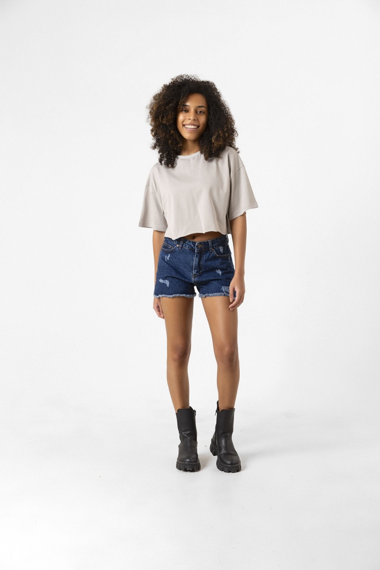 Basic Taş Rengi Oversize Crop Tshirt