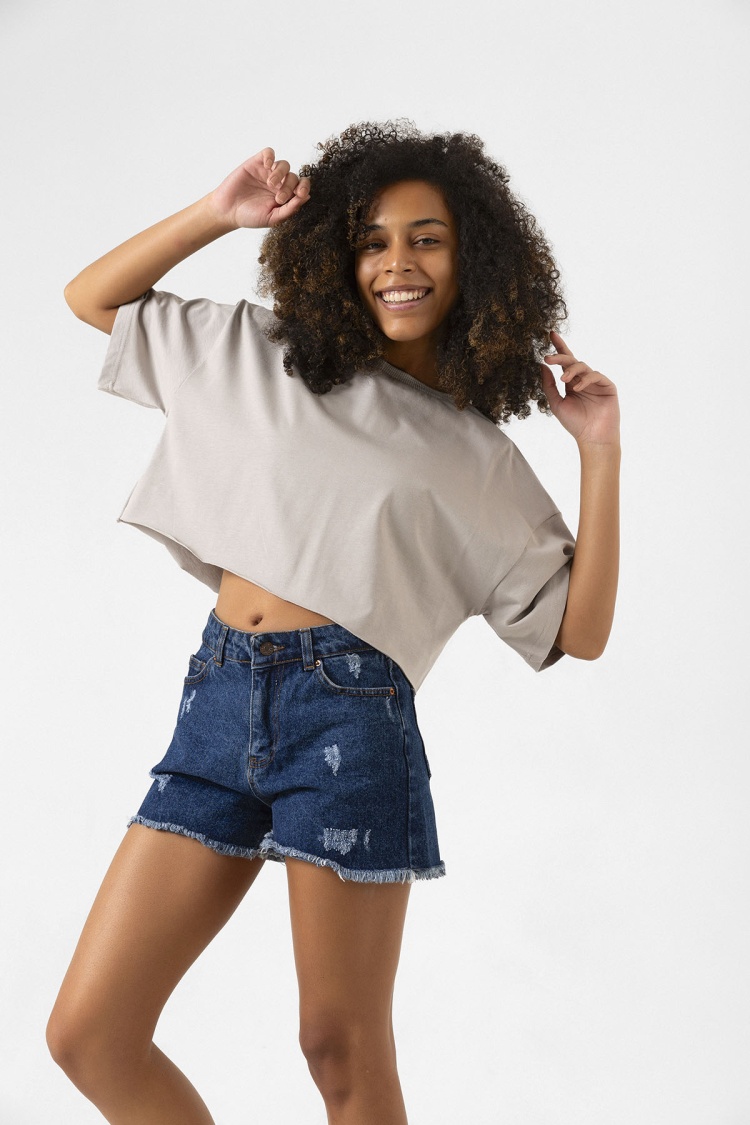 Basic Taş Rengi Oversize Crop Tshirt