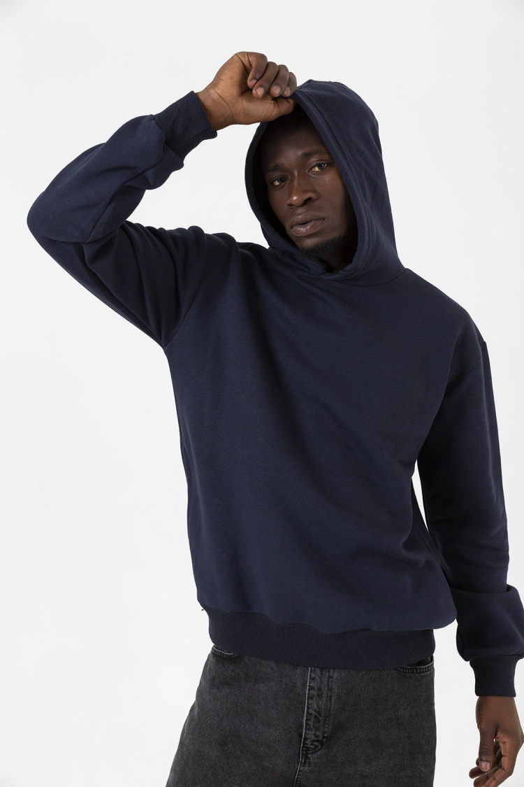 Lacivert Basic Oversize Erkek Kapüşonlu Hoodie 3 iplik Sweatshirt