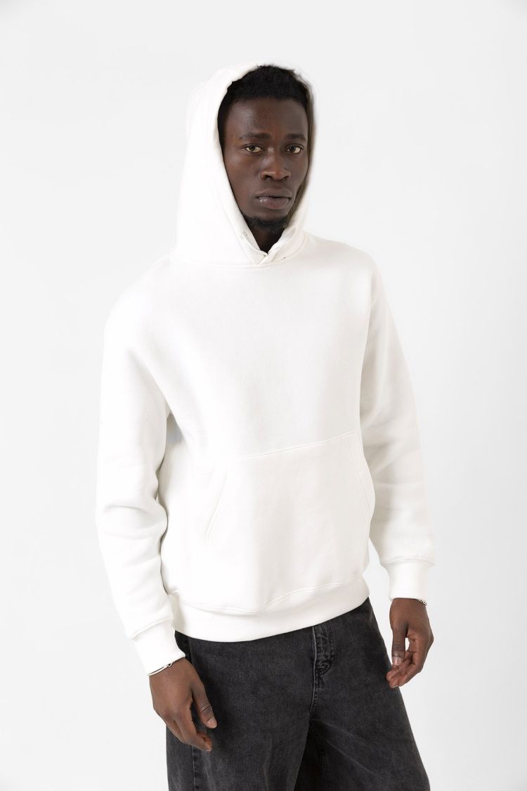 Beyaz Basic Oversize Erkek Kapüşonlu Hoodie 3 iplik Sweatshirt