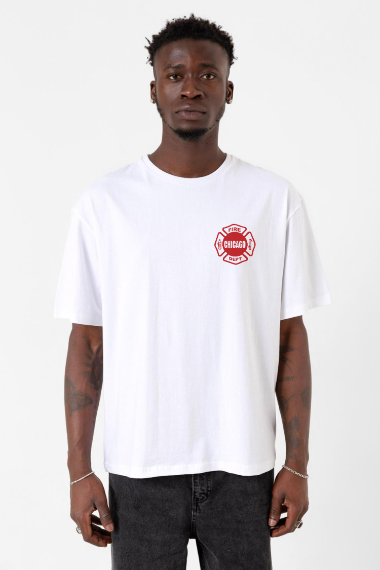 Chicago Fire Logo Beyaz Erkek Oversize Tshirt