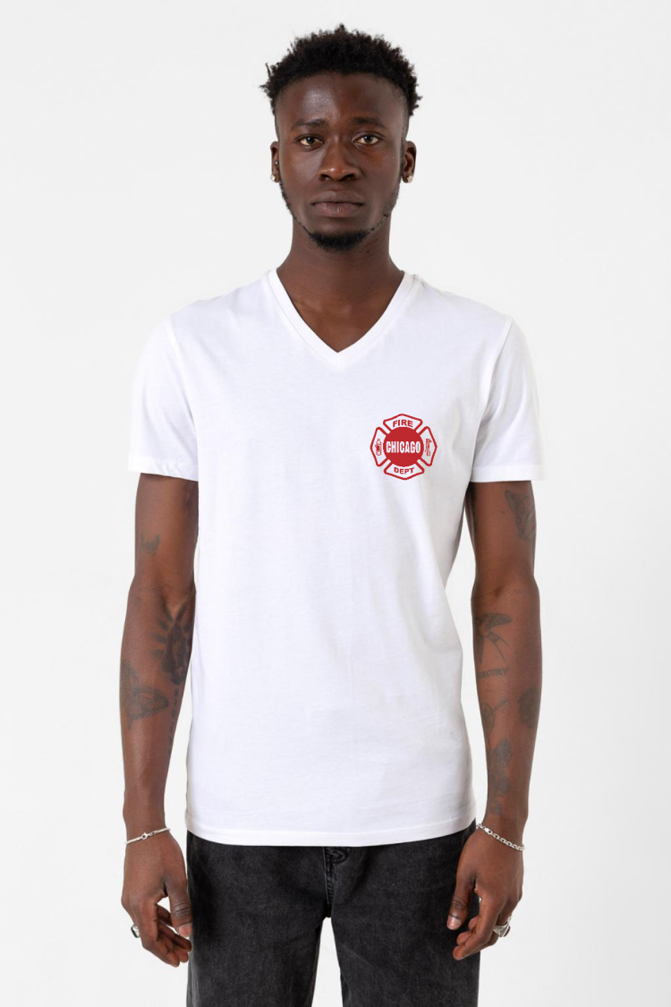 Chicago Fire Logo Beyaz Erkek V yaka Tshirt