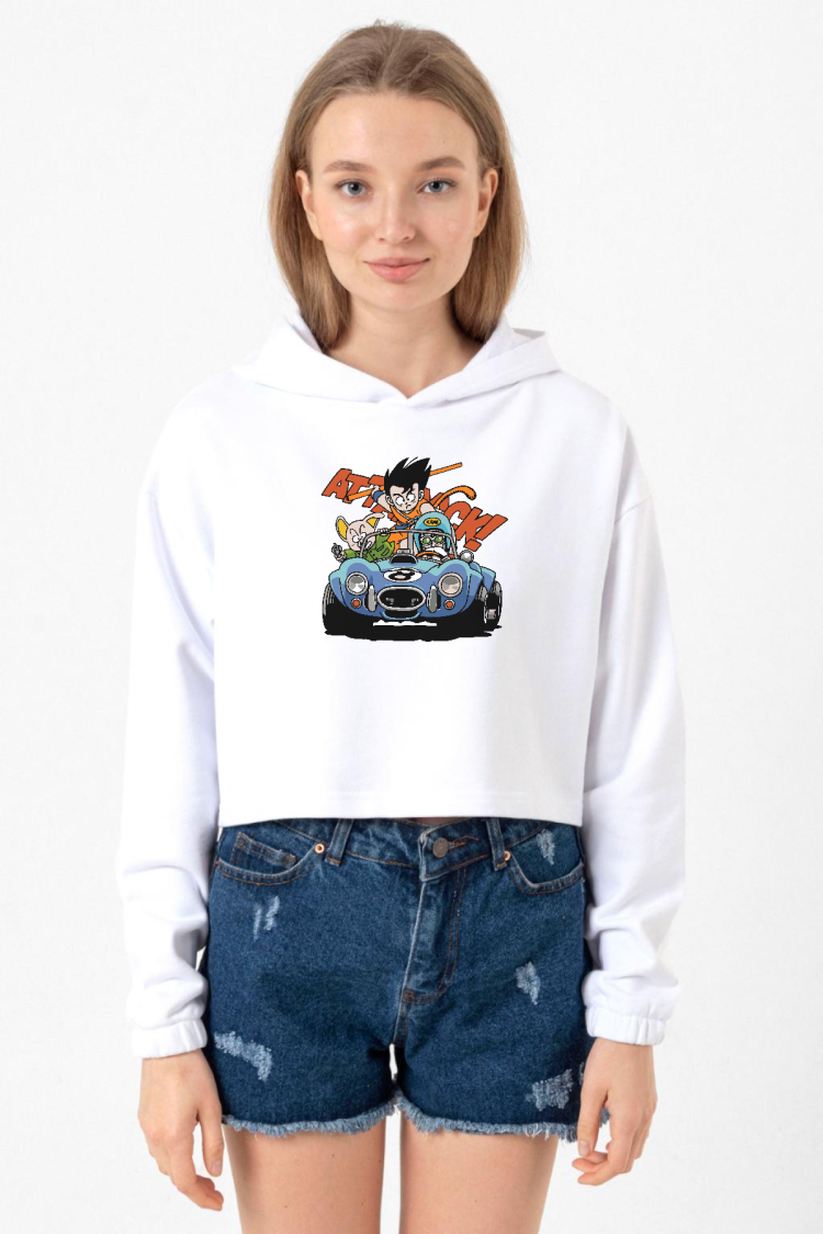 Dragon Ball Z Anime Goku Racer Beyaz Optik Kadın Crop Kapşonlu