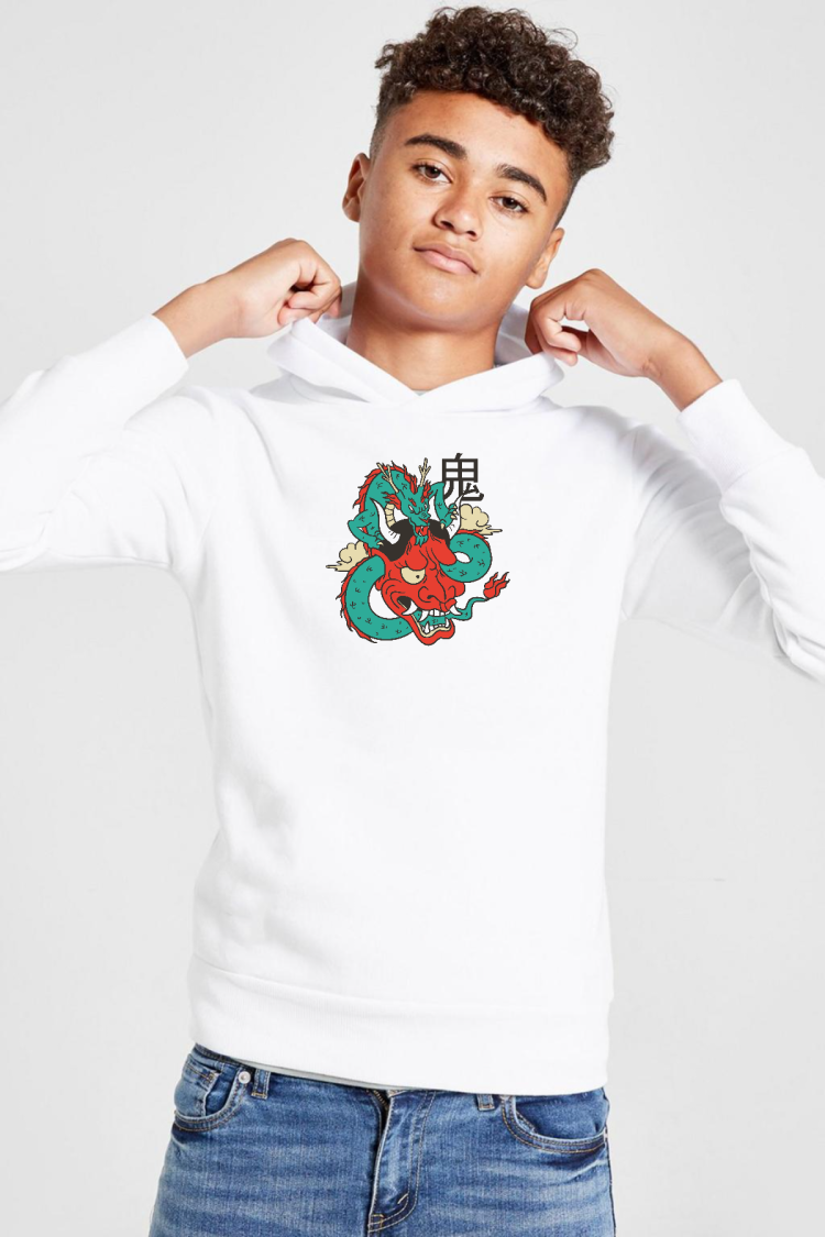 Dragon Samurai Anime Beyaz Çocuk 3ip Kapşonlu  Sweatshirt