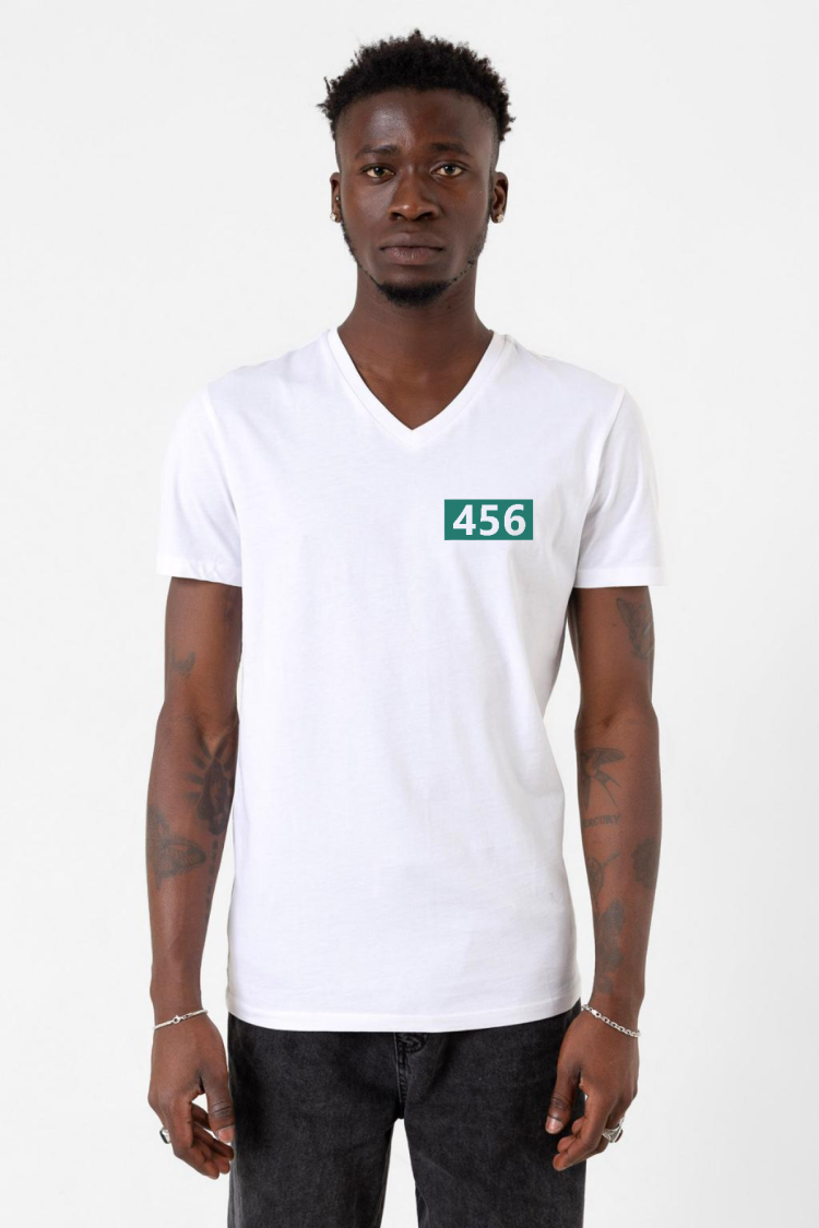 Squid Game Player 456 Beyaz Erkek V yaka Tshirt