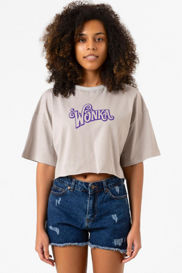 Willy Wonka Logo Taş Rengi Kadın Crop Kapşonlu