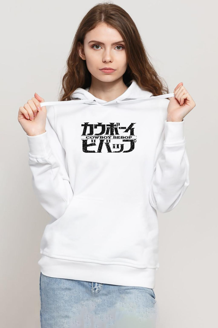 Cowboy Bebop Retro Letter Logo Beyaz Kadın 3ip Kapşonlu Sweatshirt