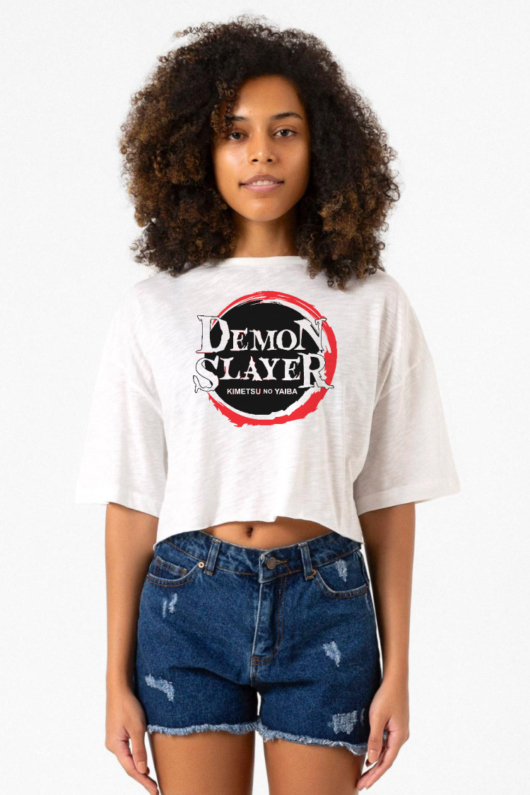 Demon Slayer Anime Squad Demon Slayer Kimetsu No Yaiba Beyaz Kırçıllı Kadın Crop Tshirt