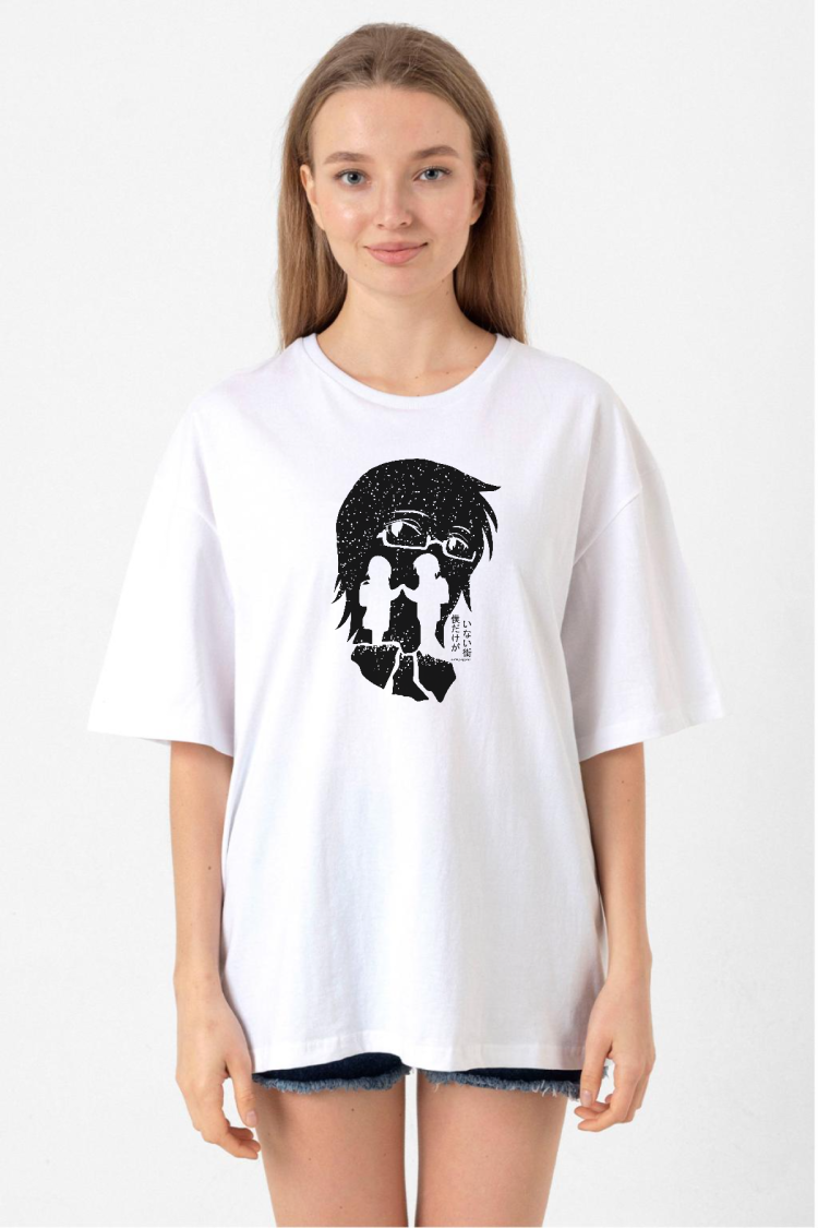 Erased Anime Black White Silhoette Beyaz Kadın Oversize Tshirt