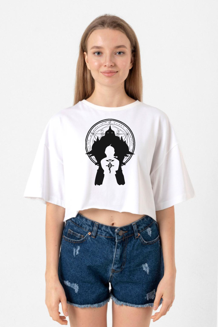 Fullmetal Alchemist Anime Logo Beyaz Kadın Crop Tshirt