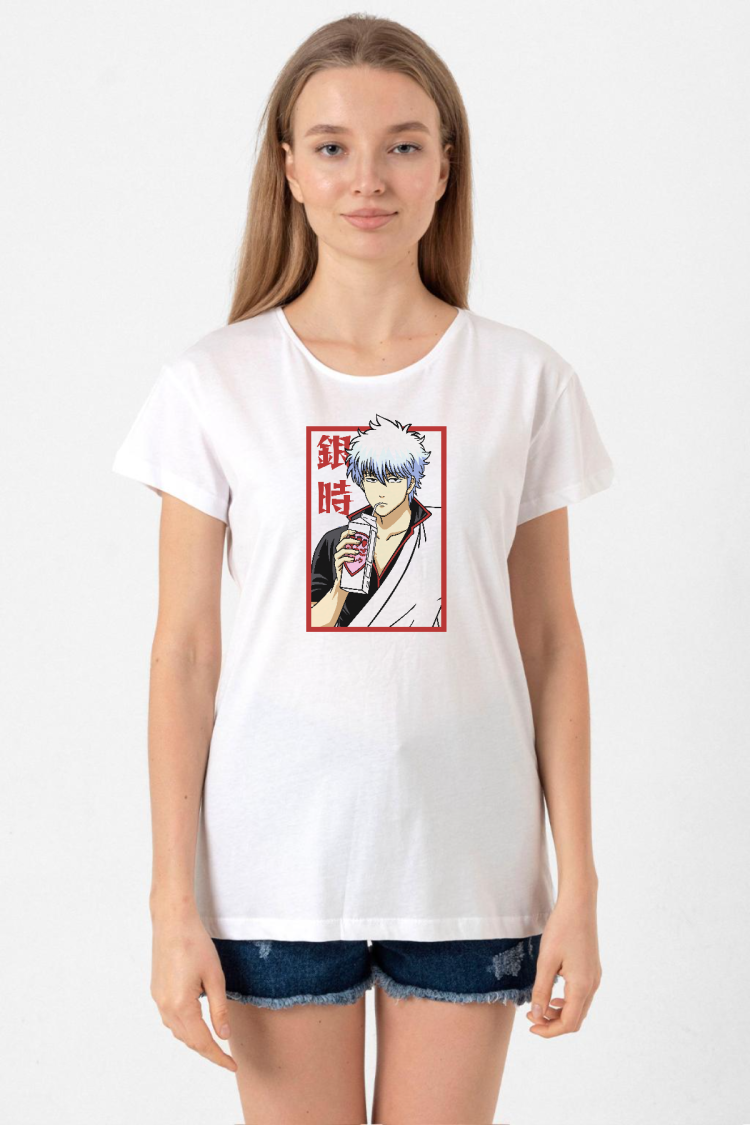 Gintama Anime Gintoki Fruit Juice Beyaz Kadın Bisikletyaka Tshirt