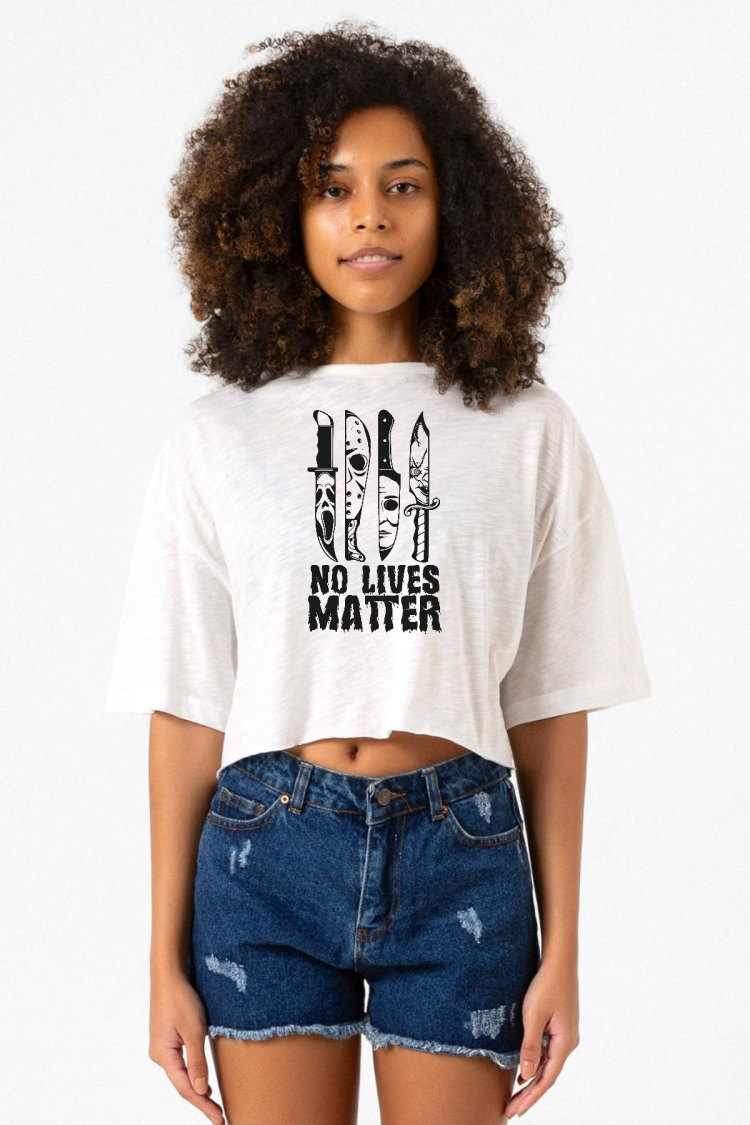 Horror Knifes No Live Matter Beyaz Kırçıllı Kadın Crop Tshirt