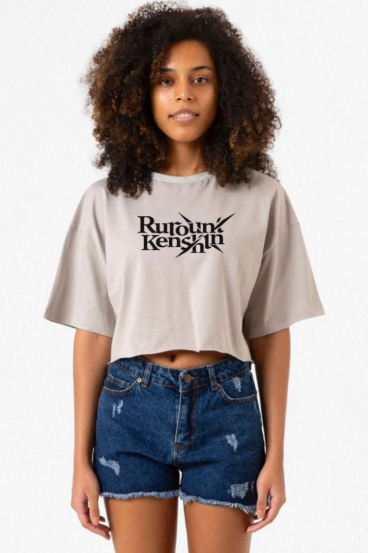 Rurouni Kenshin Letter Logo Taş Rengi Kadın Crop Kapşonlu