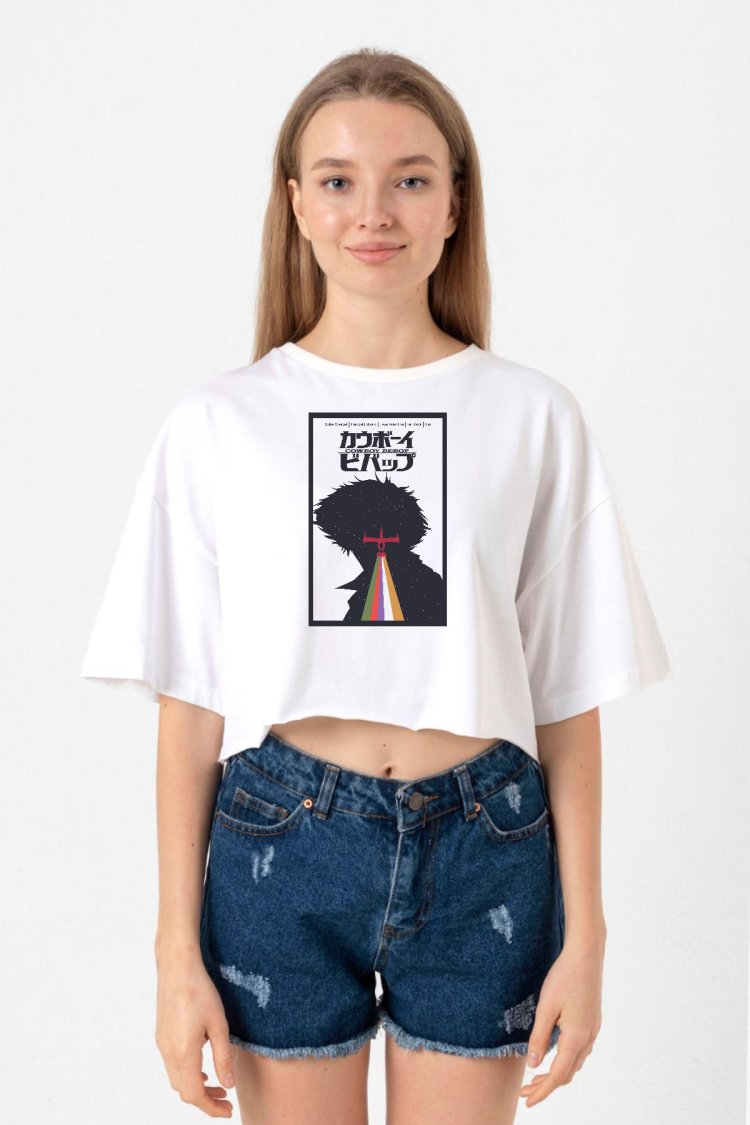 See You In Space Cowboys Minimalist Anime Poster Beyaz Kadın Crop Tshirt