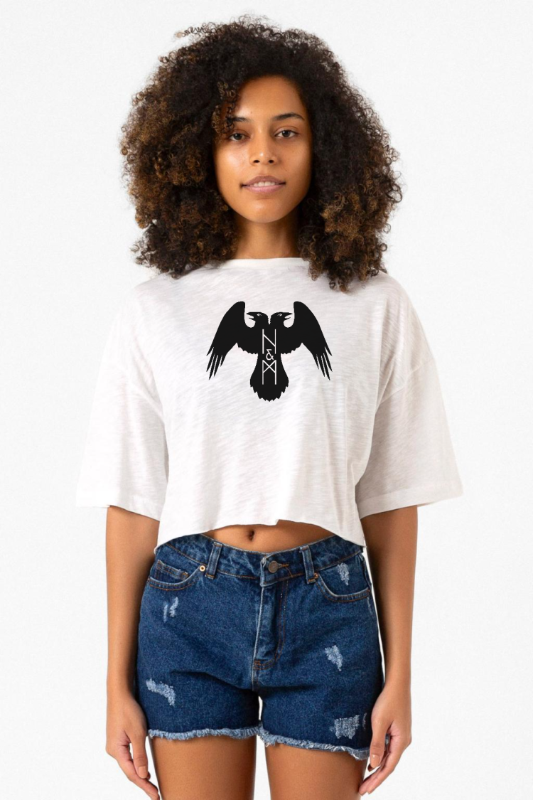 Thors Ravens Huginn and Muninn Beyaz Kırçıllı Kadın Crop Tshirt